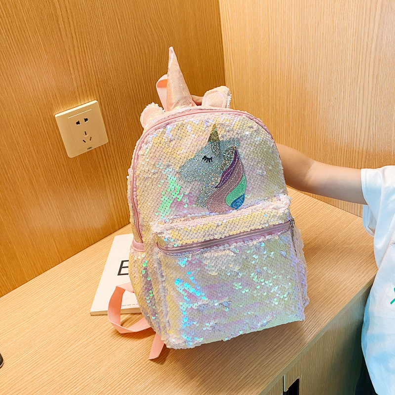 School Backpack Teen - Mochila de Lantejoulas Rosa de Unicórnio